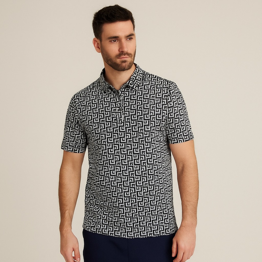 Mr. Turk squared pattern short sleeve polo in gray black - xl